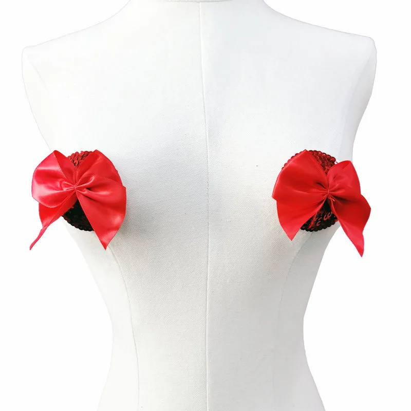 Red Bow Sexy Pasties Stickers donna Lingerie accessori per il sesso paillettes natale adesivi per il seno Sexy tentazione reggiseno copricapezzoli