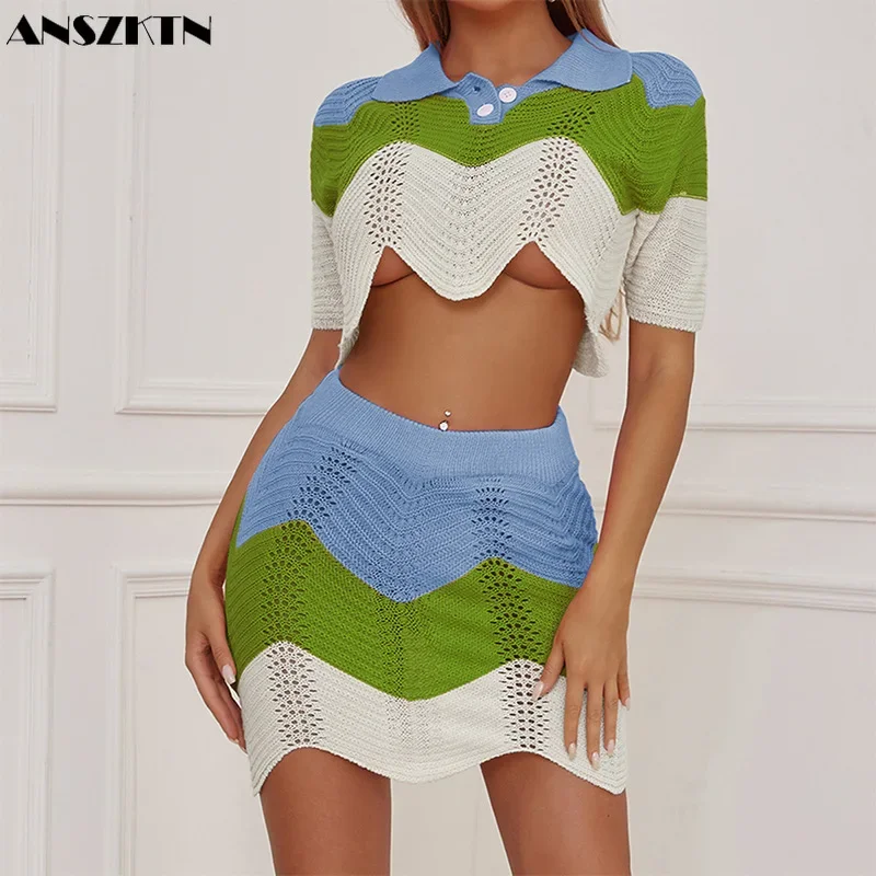 ANSZKTN Women Knit Color Blocking 2 Pieces Outfit Crop Top Mini Skirt Party Clubwear Women set