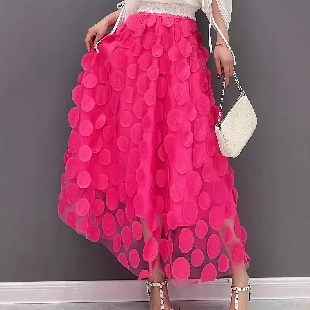 Elegant Mesh A-line Skirt Fashion Lady Party Long Skirt Spring New Solid Color Elastic Waist Spliced 3D Polka Dot Skirt Women