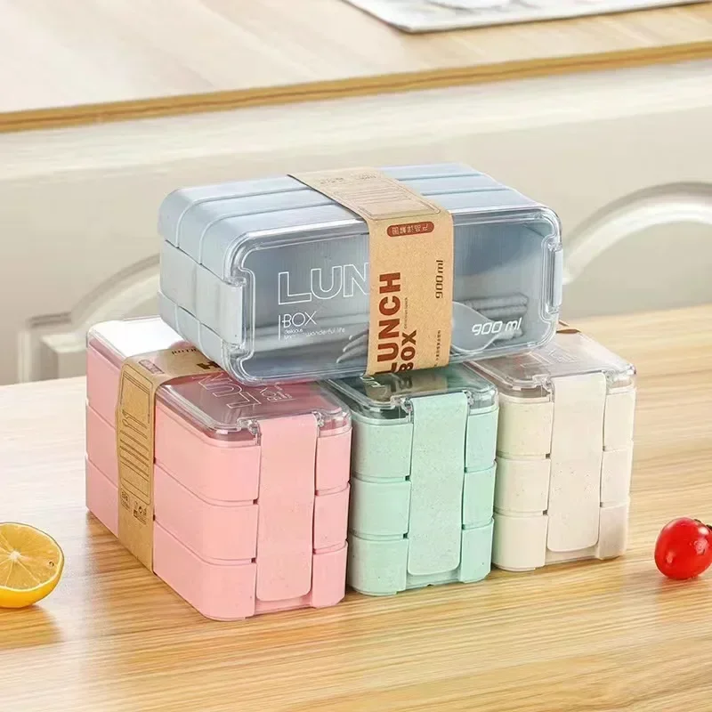 3-In-1 Compartment Wheat Straw Bento Box Reusable Tableware Lunch Containers Meal and Snack Food Containers Portable Lunch Box