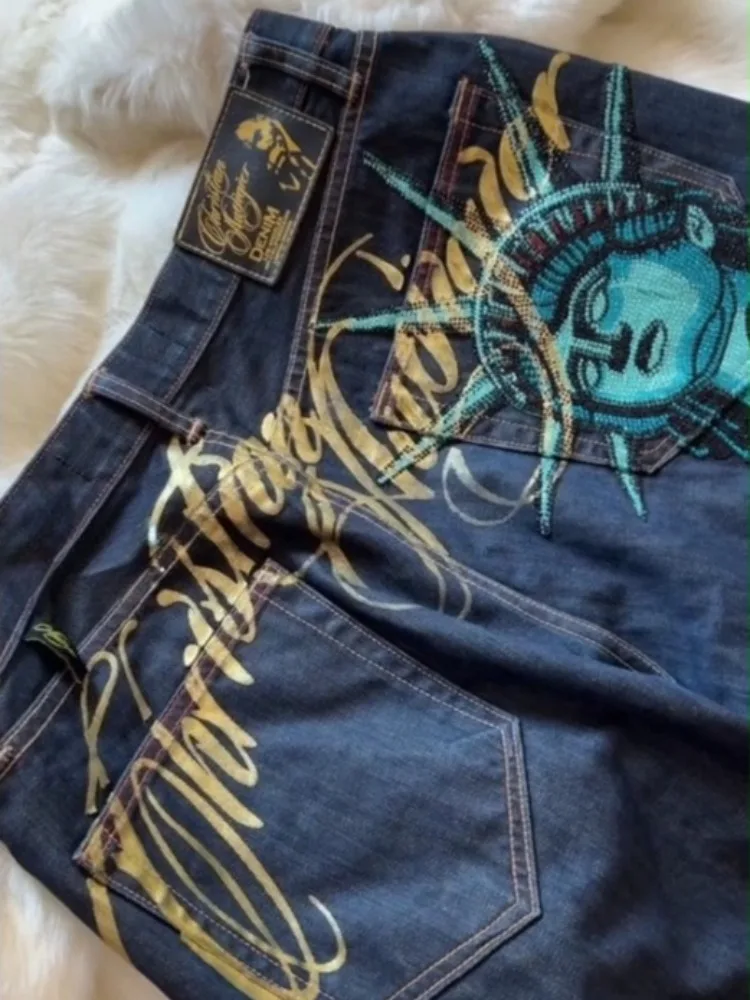 

Vintage Statue of liberty Embroidery Jeans Casual Denim Pants High Waist Straight Wide Leg Jeans Harajuku Y2k 90s Women Clothing