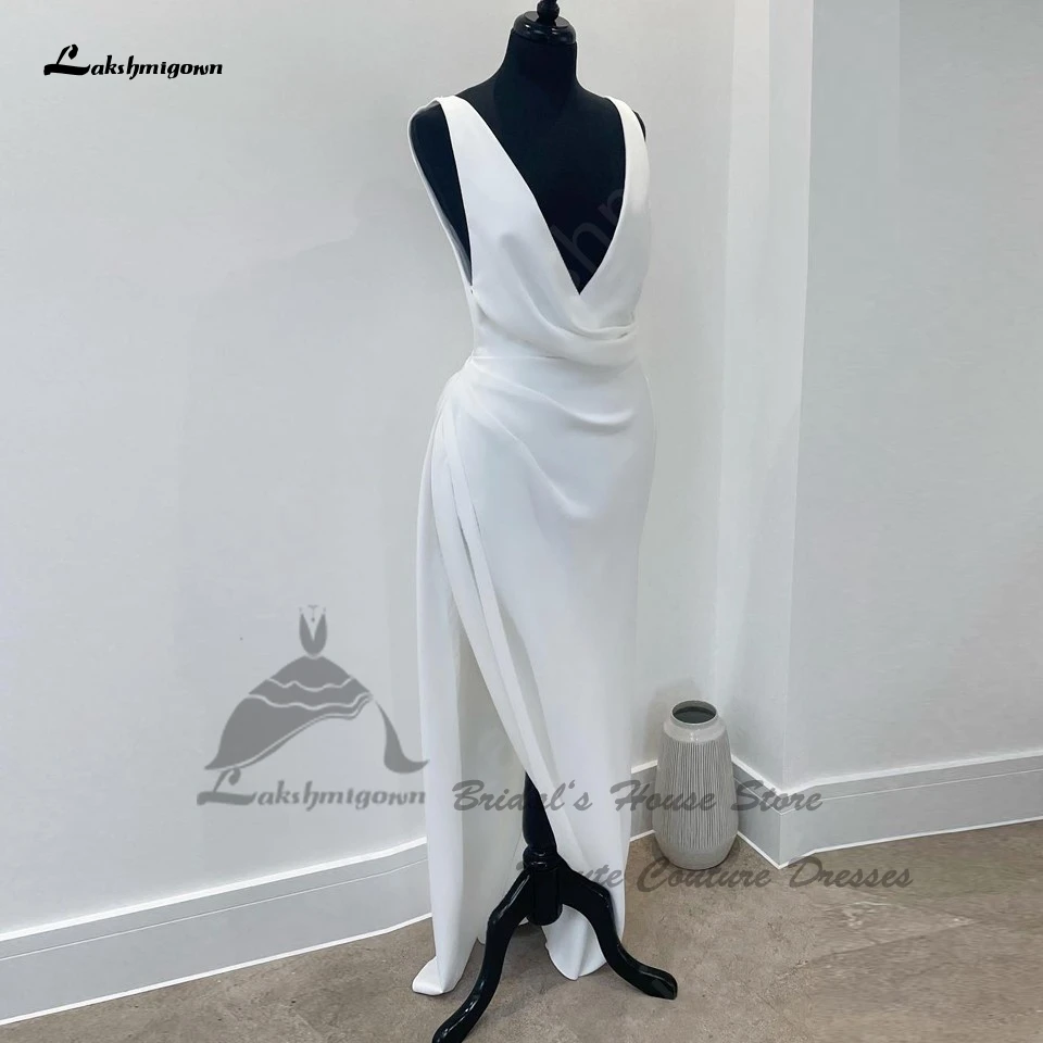 

Lakshmigown Sexy Ruched White Satin Bridal Dress Deep V Neck 2023 Abiti Da Sposa Elegant Women Beach Wedding Dresses Side Split