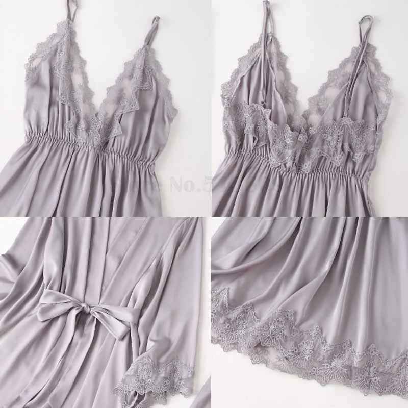 Lace Trim Sexy Nighty&Robe Set Summer Spaghetti Strap Nightgowns Bathrobe Female Backless Satin Home Clothes Kimono Sleepwear