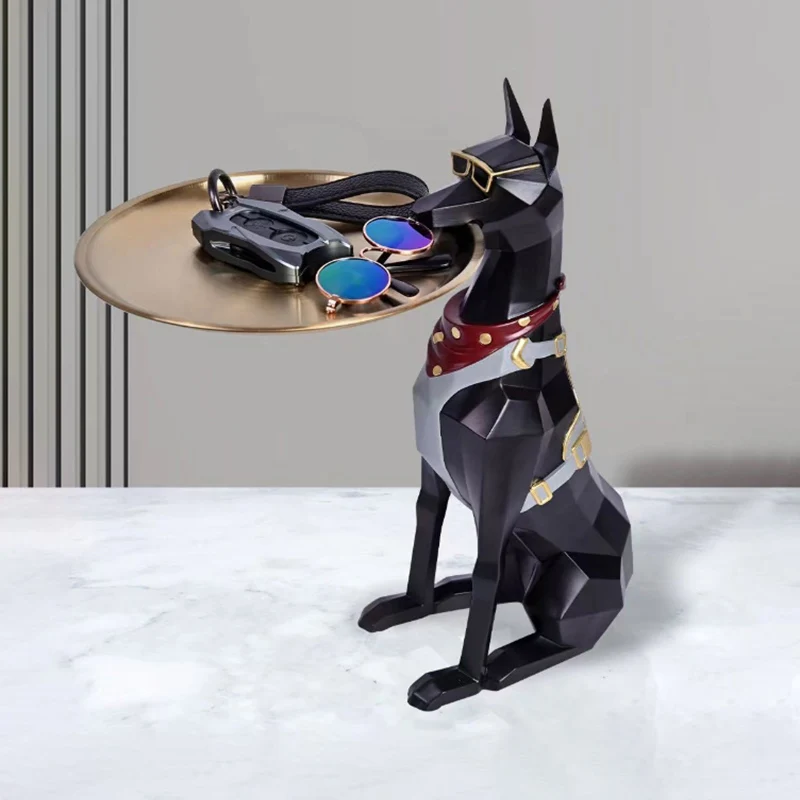 29cm Resin Doberman Tray Statue Decor Storage Organizer for Living Room Unique Gift for Dog Lovers Pet Memorial Home Desk Decor