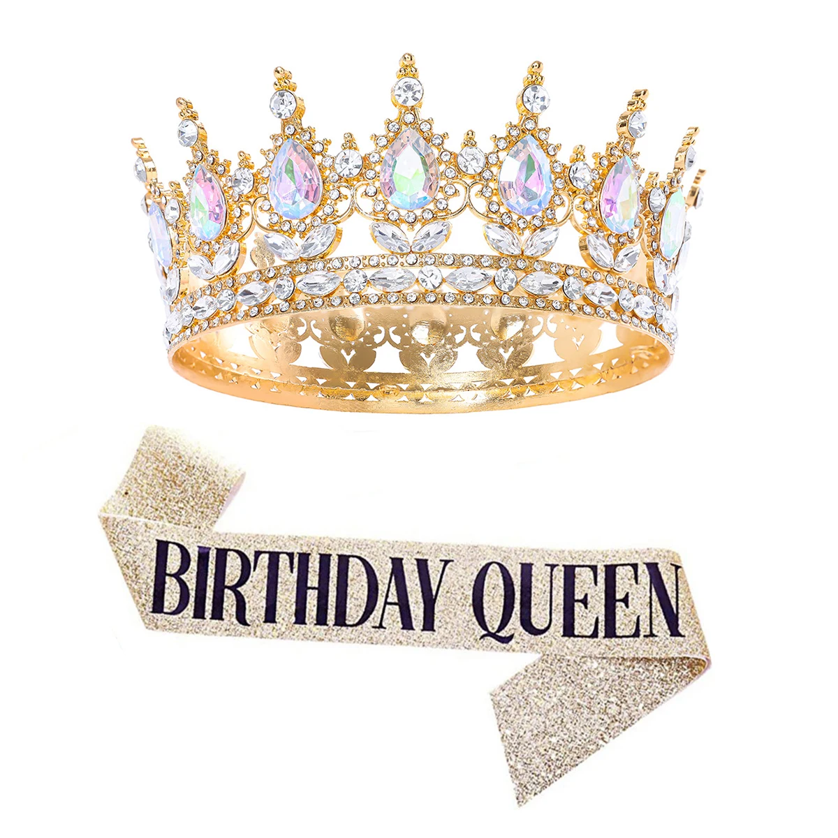 2 pcs แฟชั่นคริสตัล Rhinestone รอบ Tiaras และ Crowns สําหรับผู้หญิง "BIRTHDAY QUEEN" สายคล้องไหล่ชุดอุปกรณ์เสริมผม