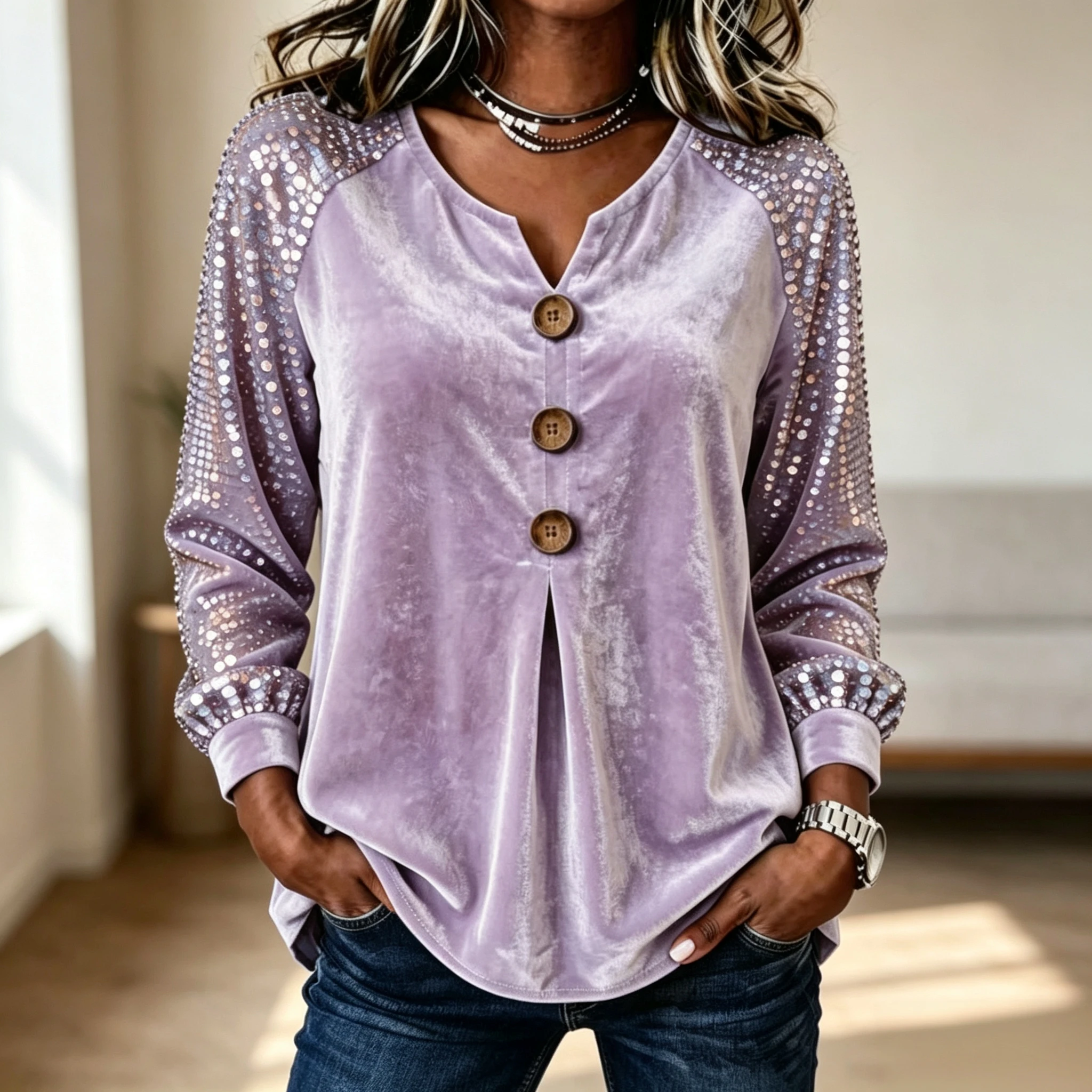 Blouses - เสื้อเบลาส์แขนยาวผ้ากำมะหยี่สำหรับผู้หญิง ดีไซน์คอวีแบบมีรอยบาก ประดับกระดุม เสื้อทูนิคลายจุดตาข่าย แขนแบบแร็กแลน เสื้อเชิ้ตลำลอง