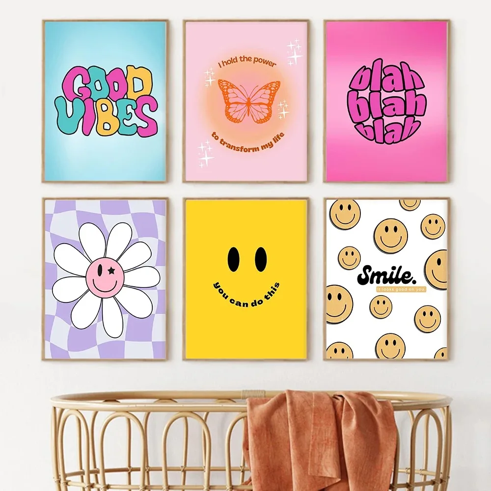 Groovy Cartoon Kids Room Wall Art Oil Canvas Decor Collage Set of 6 Smiling Face Bright Flowers Home Mural Poster Painting Print