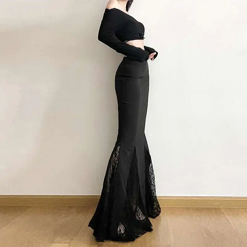 plus Size Black Lace Splice Suit Skirt High Waist Slimming Fish Tail Half Body Skirt for Women over 300 Pounds