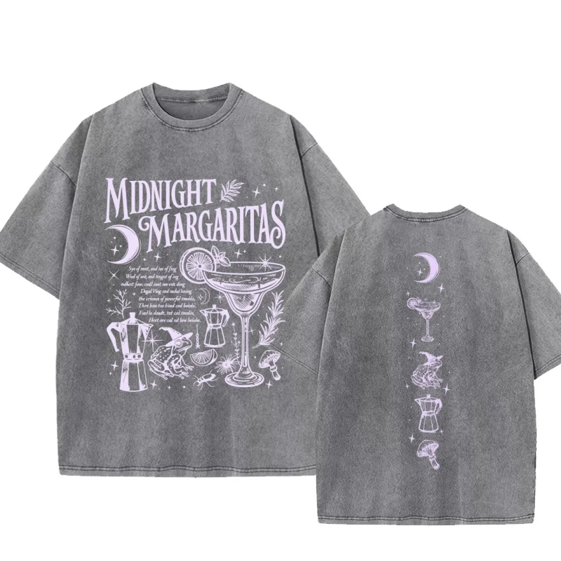 Vintage Washed Midnight Margaritas T-Shirt Praktisches Magisches T-Shirt Retro Halloween T-Shirt Gruselige Jahreszeit Kurzarm O-Ausschnitt T-Shirts – Detail 3