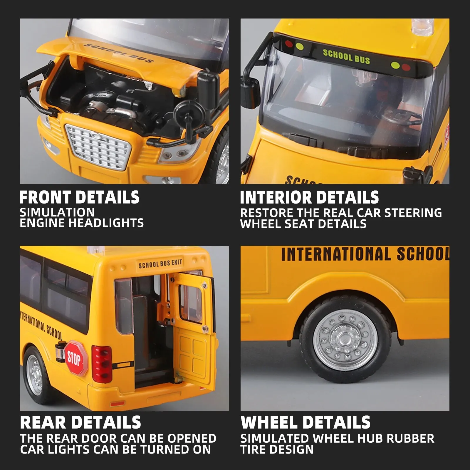 O ônibus escolar morre o brinquedo do molde, grande veículo do brinquedo do metal amarelo, puxa para trás carros modelo, portas openable, luzes e sons, 9 '', 1:24