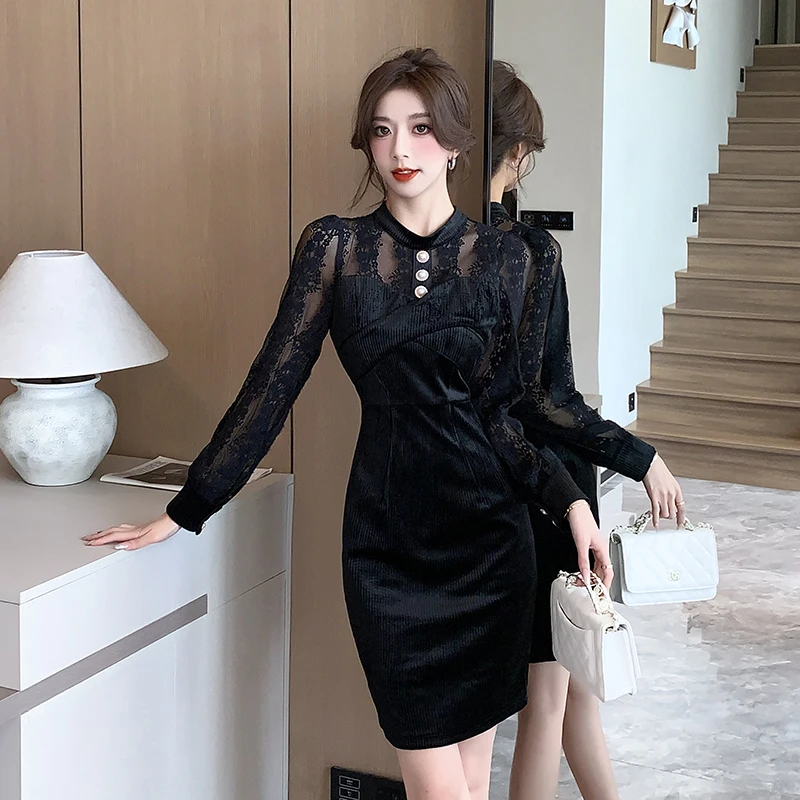 

Coigarsam женское платье 2024 сексуальные однотонные черные платья с длинным рукавом и круглым вырезом