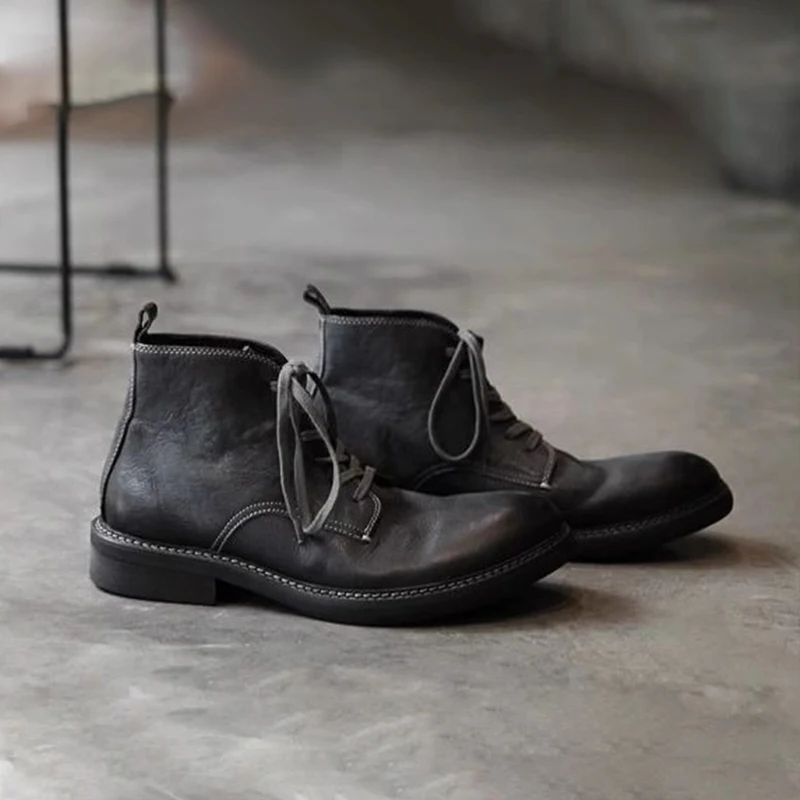 

Retro Vintage High Top Boots Men's Thi Bot Heightening Bla High Top Leather oes Winter Motorcycle Chelsea Boo...