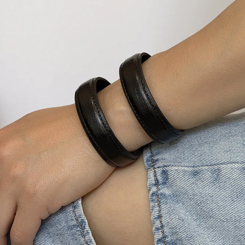 New Fashion Genuine Leather Open Bangle for Women Texture Retro Ins Style Bracelet Matte Cowhide Double-layer Adjustable Bangle