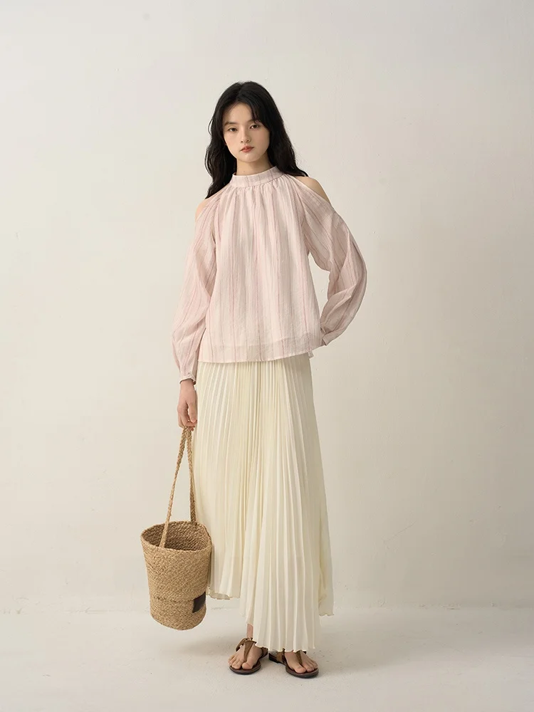 

Весенняя коллекция: Женская шелковая рубашка с длинным рукавом и открытыми плечами, свободного кроя, дышащая, приятная к коже, в полоску