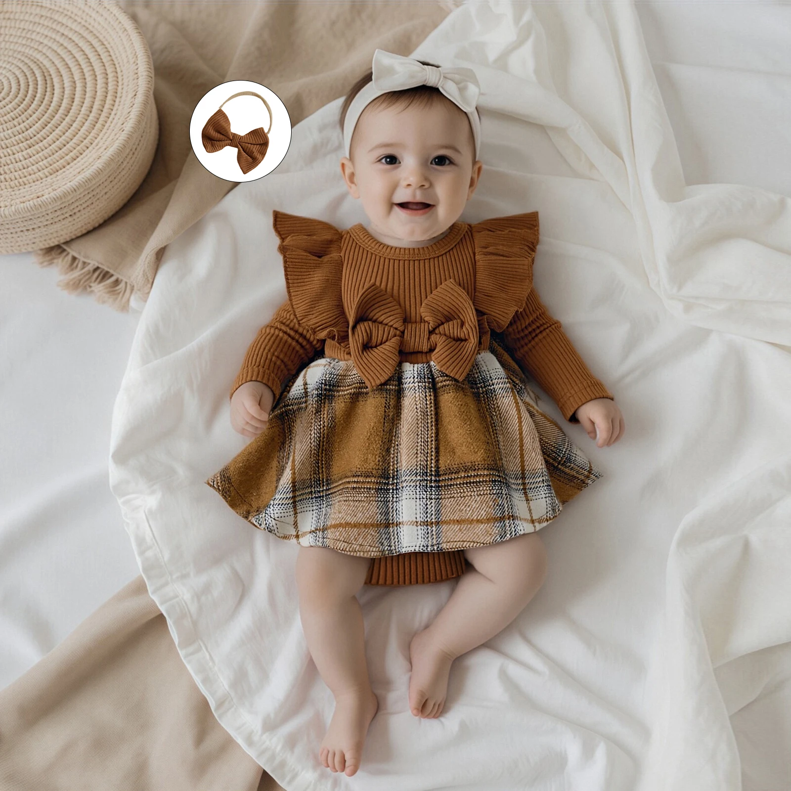 

Baby Girls 2Pcs Fall Outfits Long Sleeve Palid Skirt Romper with Headband Set Newborn Baby Bodysuits Clothes