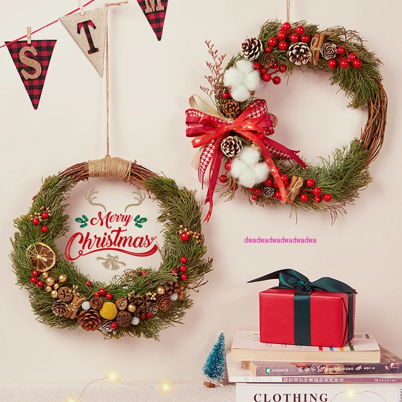 

Christmas wreath DIY material package handmade ornaments rattan ring door hanging accessories lace bow dried fruit wreath