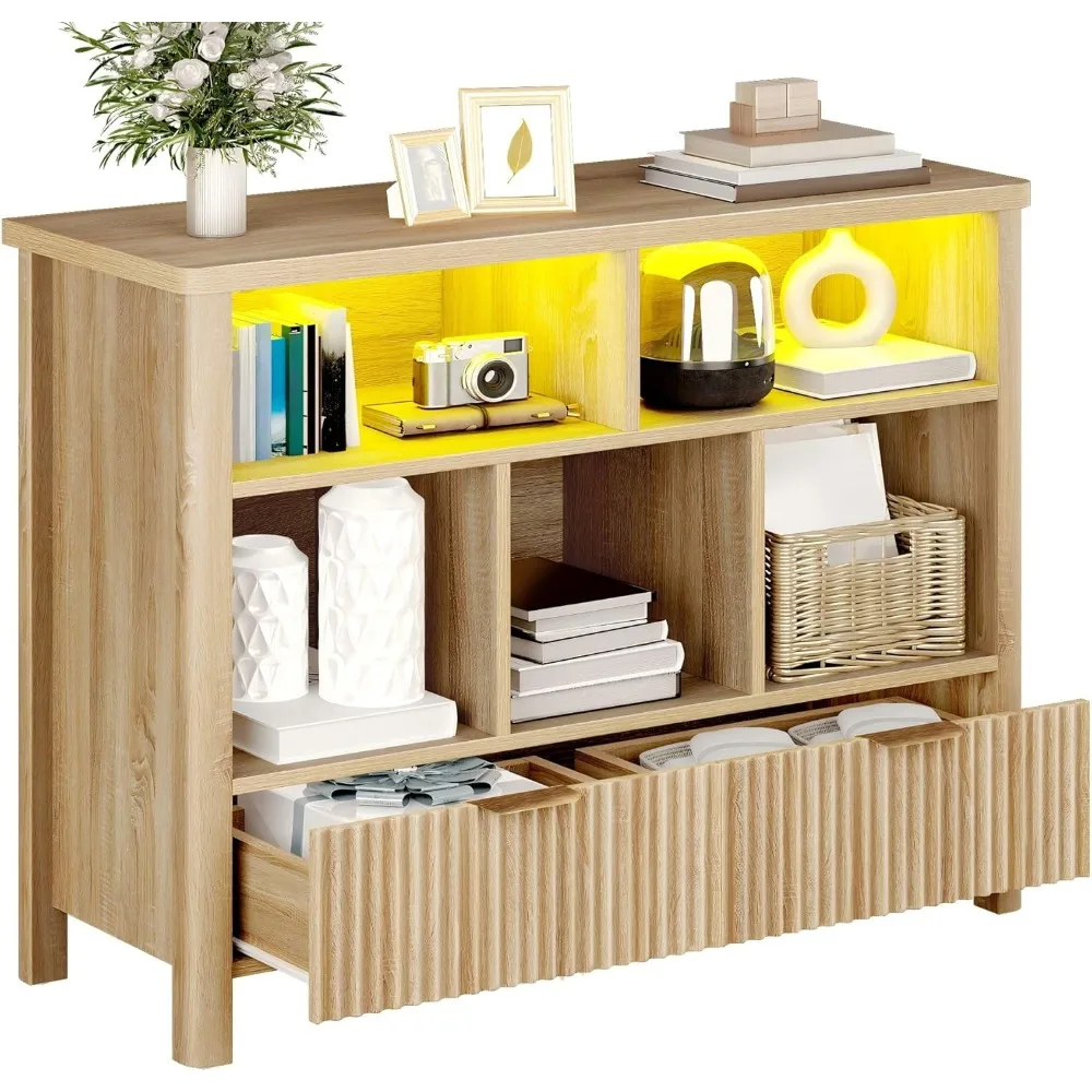 

Bookcase with Drawers, Grooved Wooden Compartment Storage Organizer Cube Bookshelf with Adjustable LED Lighting