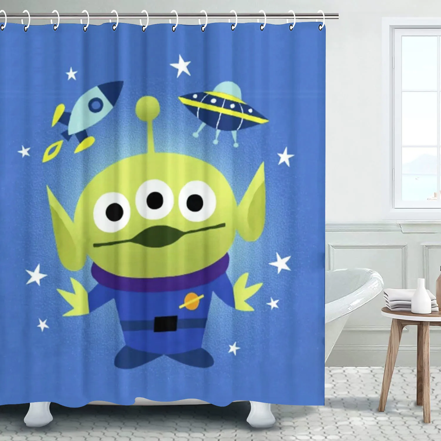 Alien Shower Curtain with Full Screen Sets, 100% Polyester, Funny Cartoon, Hook Up Accessories, Bathroom Cute Bath, Cute