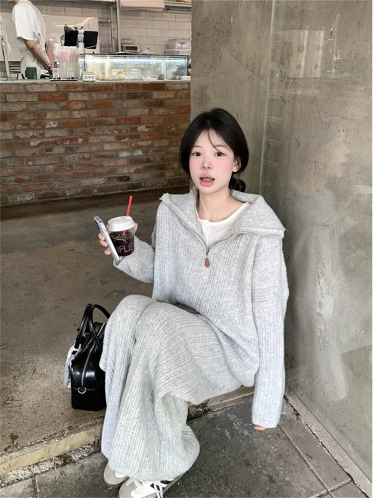 

Spring Knitted Set Women's Unique Half Open Collar Anti-Aging Top And Bottoms One Whole Ootd Casual Wear Fashion Set