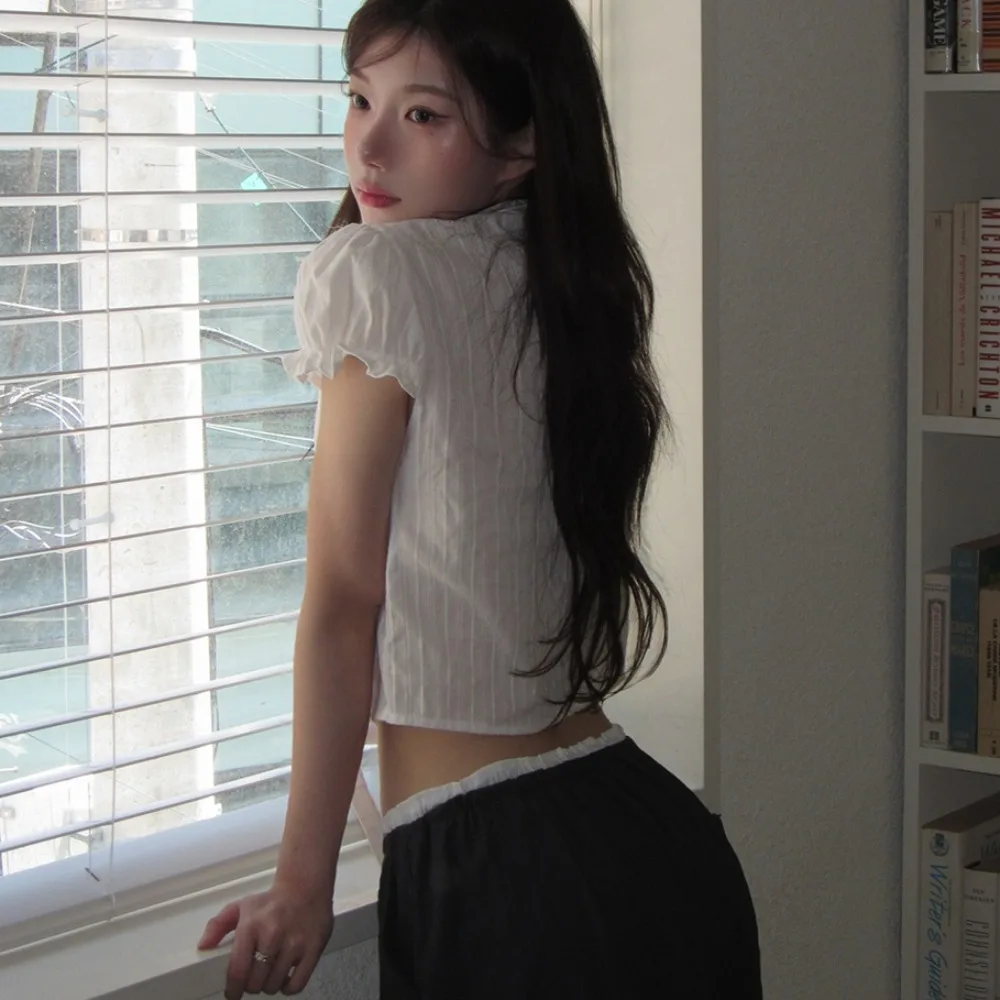 Coreano Sle Chic Simple elegancia irt mujer Faion Bubble Sve suave Sle tamaño pequeño corbata ort Top v-ne ort Sve