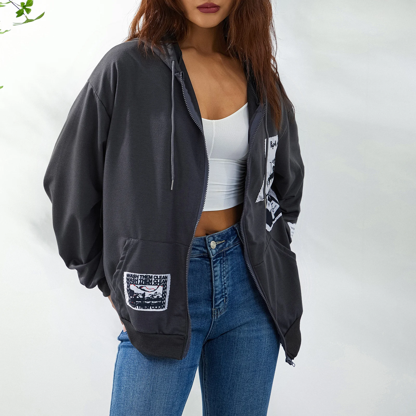 

Loose Casual Chic Letter Printed Hoodies Women Autumn Winter Zipper Warm Harajuku Sweatshirt Female Trendy Streetwear