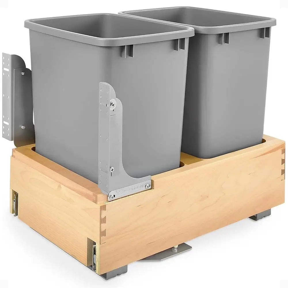 

35 Qt Bottom Mount Double Pullout Under Cabinet Kitchen Trash Cans w/Sot-Close, 150 Pound Rated ull-Extension Slides, Gray, 4WCB