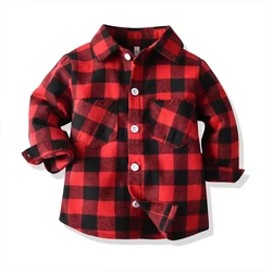 Spring Teenage Boys Girls Flannel Plaid Shirts Children Clothes Lapel Long Sleeve Tops Baby Boys Quality Cotton Blouses Cardigan