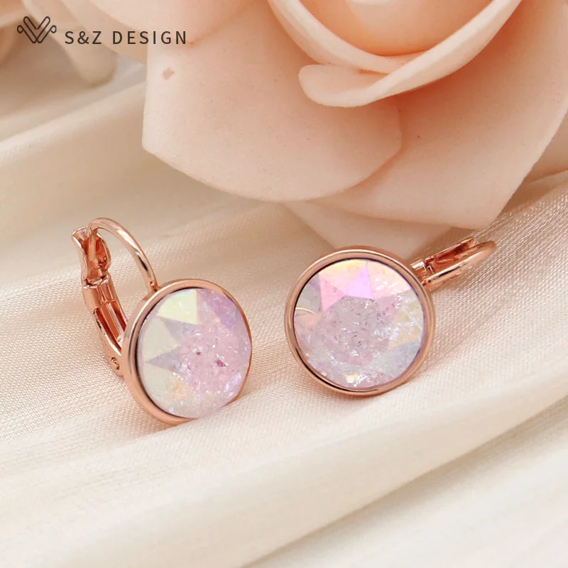 S&Z DESIGN New Fashion Round Ice Crack Crystal Dangle Earrings For Women Wedding Jewelry 585 Rose Gold Color Eardrop Gift