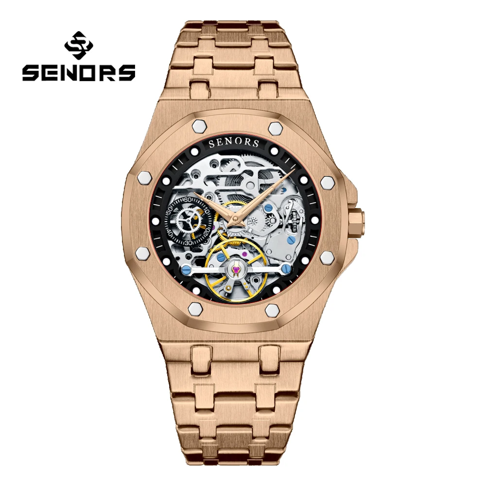 SENORS SN206 Men`s Watch Automatic Sapphire Glass Mechanical Watches Men 316L Skeleton Clock Hollow out Tourbillon Watch 3ATM