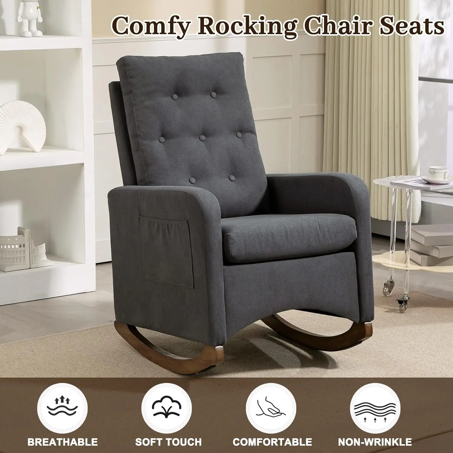 Sillón Moderno con Función de Balanceo: Sillón Deslizante Tapizado en Tela Suave con Respaldo Alto, Bolsillo Lateral y Patas de Madera de Caucho Natural para Guardería, Sala de Estar y Dormitorio, Cómodo Sillón para Interiores, Sillón Acolchado