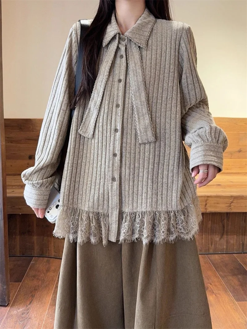 

Ретро-рубашки с кружевной отделкой и длинными рукавами, вязаные, женские, осенне-зимние, новые, свободного кроя, универсальный дизайн, топы и рубашки с длинными рукавами