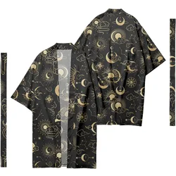 Vintage Sun And Moon Print Cardigan Samurai Yukata Traditional Japanese Long Kimono Daily Street Wear