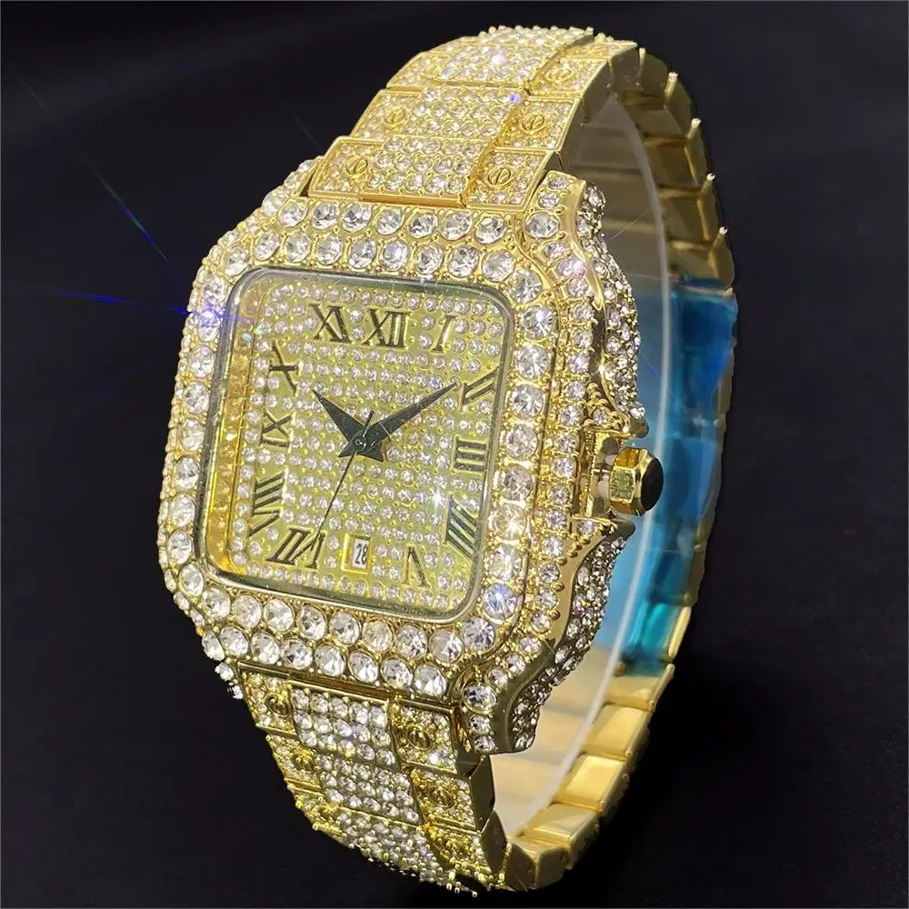 Fashion Iced Watches Mens Brand MISSFOX Luxury Stianless Steel 18K Gold Quartz Clocks Hip Hop Full Diamond Square Wristwatch Man