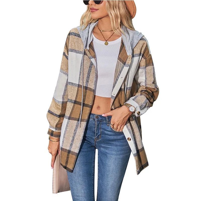 

2023 Autumn Winter Women's Vintage Plaid Casual Streetwear Hooded Shirt Jacket Female Fashion Long Sleeve Oversized Tunic Blouse