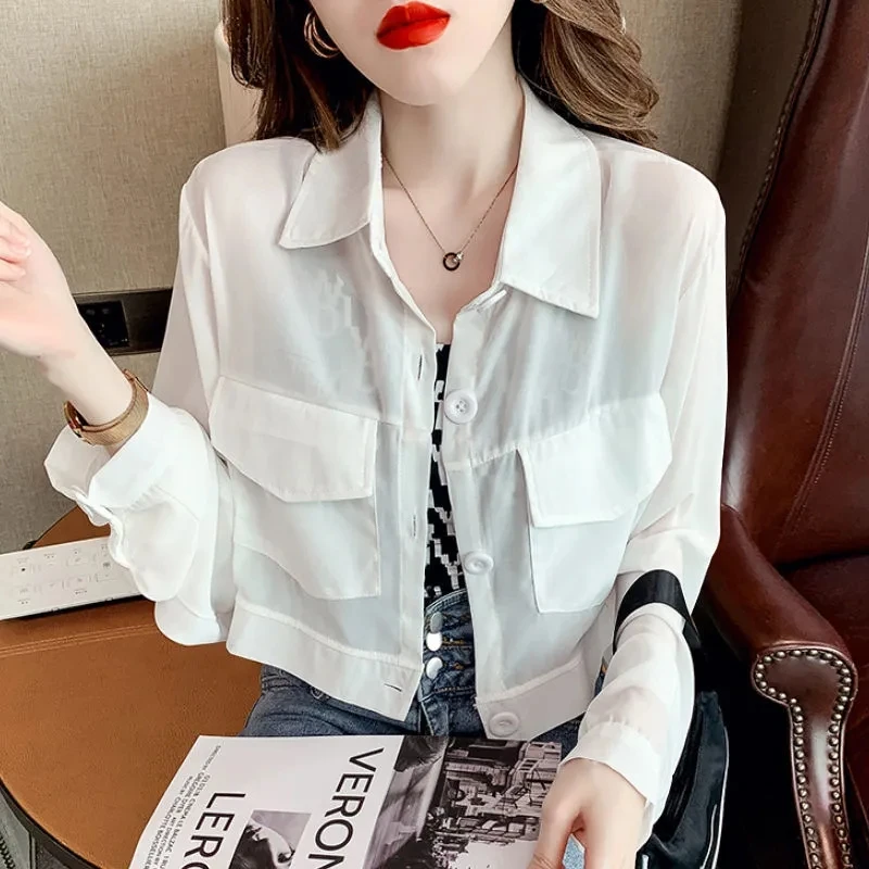 Thin Jacket Female 2022 Summer New Loose Short Chiffon Sunscreen Coat Women\'s Pocket Long-Sleeved Shirt Top Outerwear Tooling