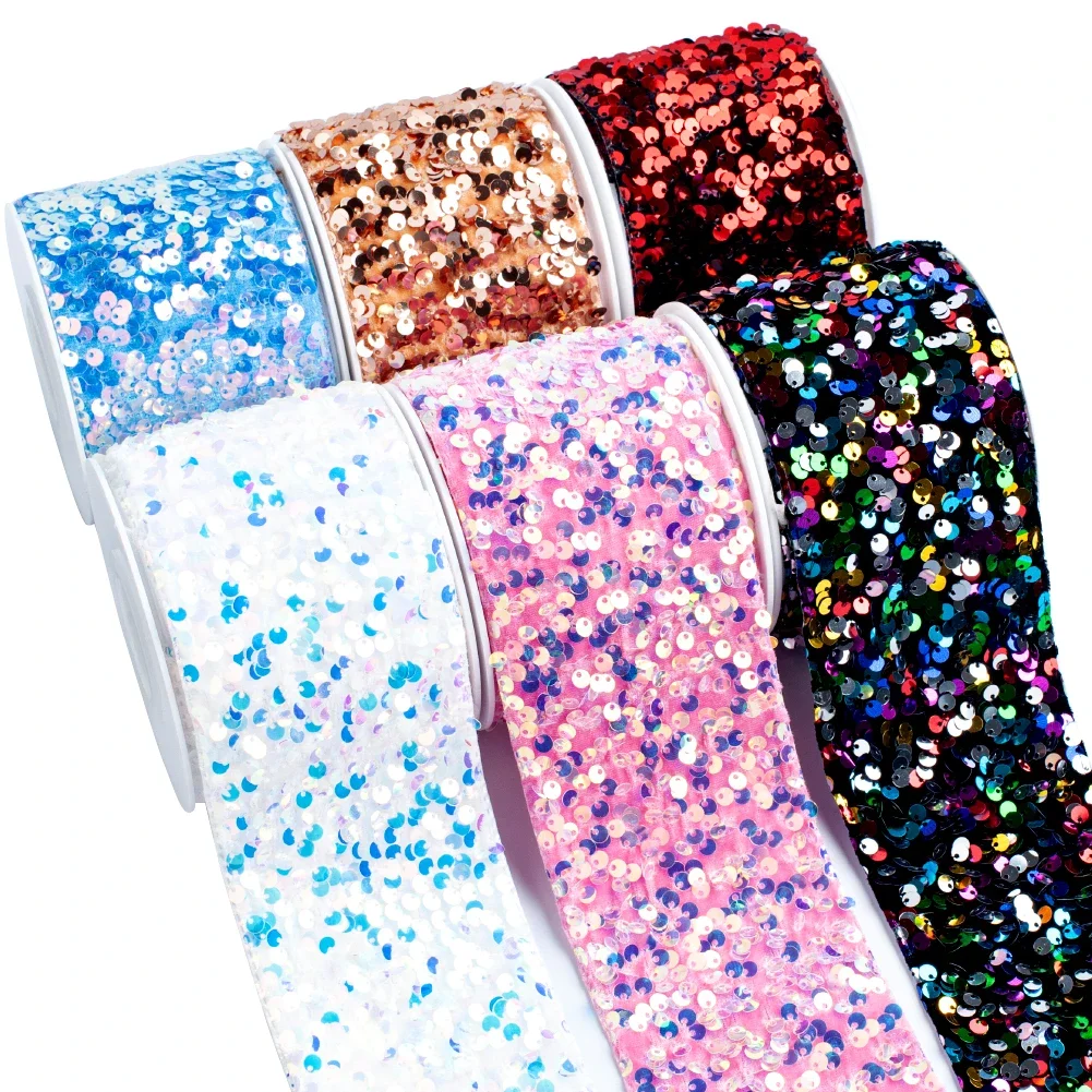2 yards Rainbow Series 3 inch 75mm Colorful Sequin Ribbon Reversible Glitter Sequin Ribbon for DIY Craft