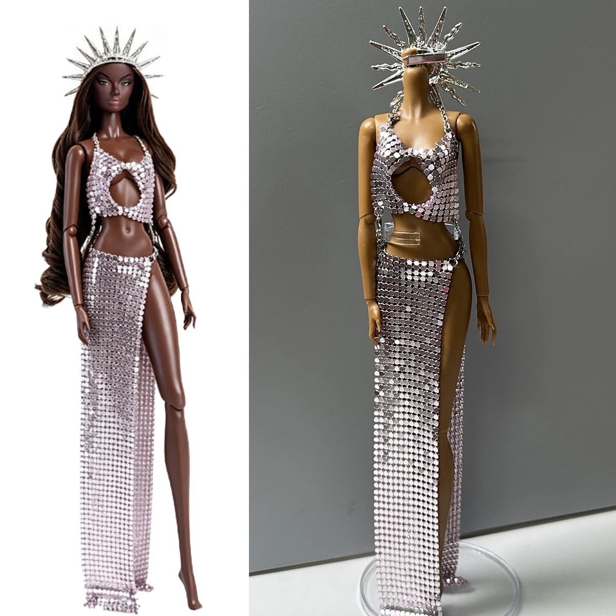 Light Purple Metal Sequin Vest+Slit Half Skirt+Headwear Set For 1/6 Babi Xianxian Supermodel Doll Dress Up Clothes Accessories