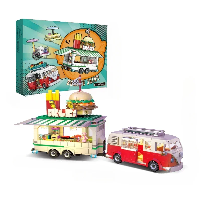 버거 공동 T1 자동차 빌딩 블록 키트 LED 빈티지 트럭 크리 에이 티브 전문가 도시 모델 벽돌 조립 장난감 세트 어린이 선물