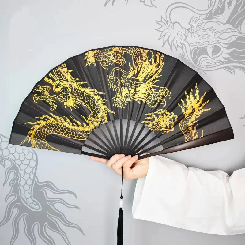 Guanyin Heart Sutra Golden Dragon Large Folding Fan Durable Hand Fan Made Of Bamboo  Home Decoration Year of The Dragon Gift Fan