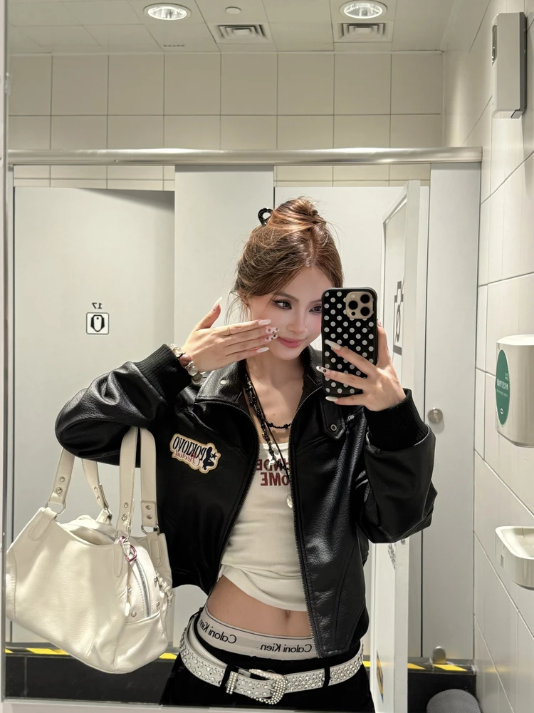 Jaqueta Feminina BeOurRule Retrô Americana Estilo Motociclista Slim Fit com Design de Coração, Casaco Curto Casual e Moderno