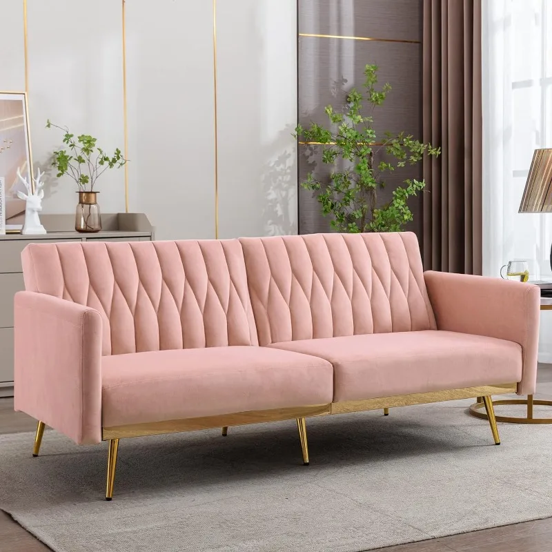 

Velvet Convertible Futon Sofa Bed with Golden Metal Legs, 70" Tufted Loveseat Couch Sleeper Futon Sofa with Adjustable Armrests