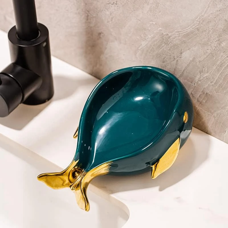 Jabonera de cerámica con forma de ballena, jabonera de autodrenaje para baño y ducha, fácil de limpiar