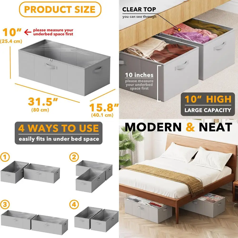 

10 Inch High Large Underbed Storage Boxes with Lids for Bedroom, Dorm, and Closet Organization in Gray