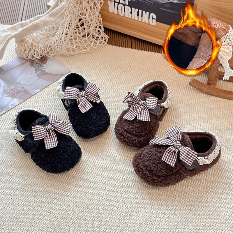 Girls Princess Shoes Sweet Bows Kids Suede Warm Shoes Comfortable 2025 Winter New Children Casual Flat Shoes Fashion Versatile