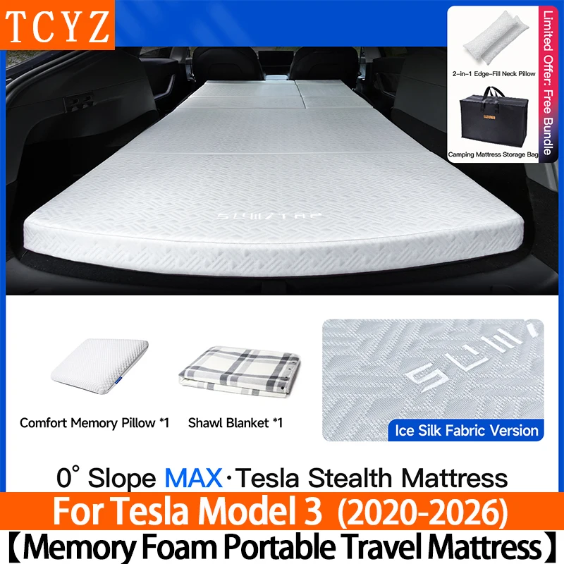 Foldable Memory Foam Mattress for Tesla Model 3 2020-2026, Car Camping Bed Pad, Portable Travel Mattress for Outdoor Sleeping