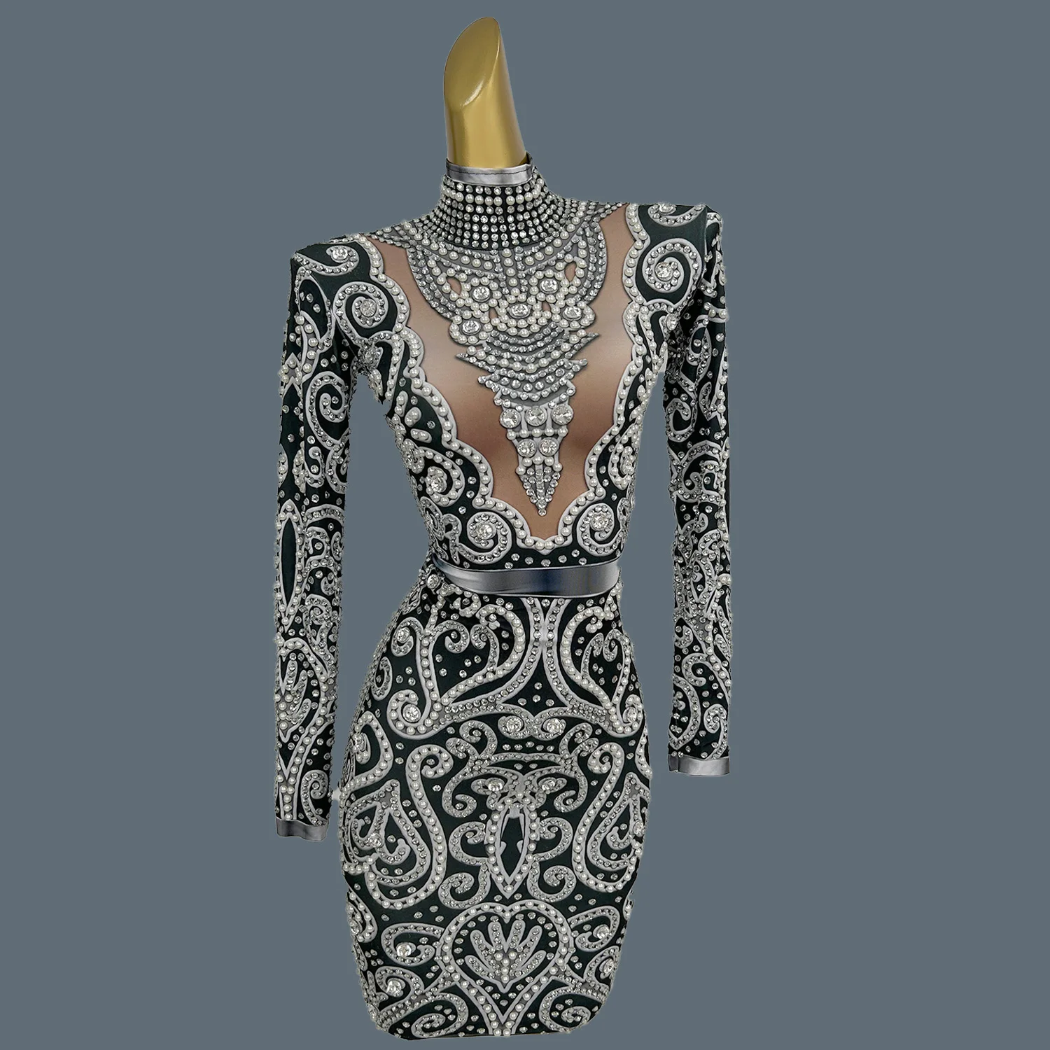 

Sparkly Rhinestone Pearls Tight Fitting Short Dress Women Sexy Long Sleeved Prom Celebrate Birthday Party Evening Dress Quanquan