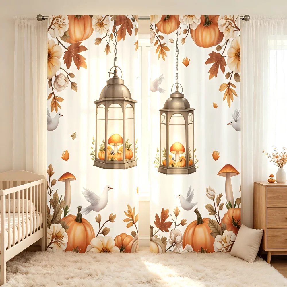 2PCS Digital Printed Curtain, Autumn Lantern Dove Pumpkin Maple Leaf, Peaceful Thanksgiving Fall Style Window Drapes Decor