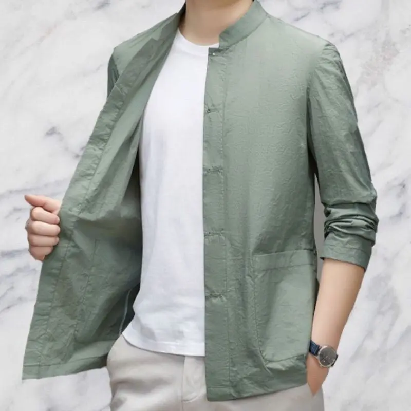 

New Summer New Chinese Shirt Men's Sunscreen Jacket Middle-aged and Young People Breathable and Thin Tang Suit Stand Collar