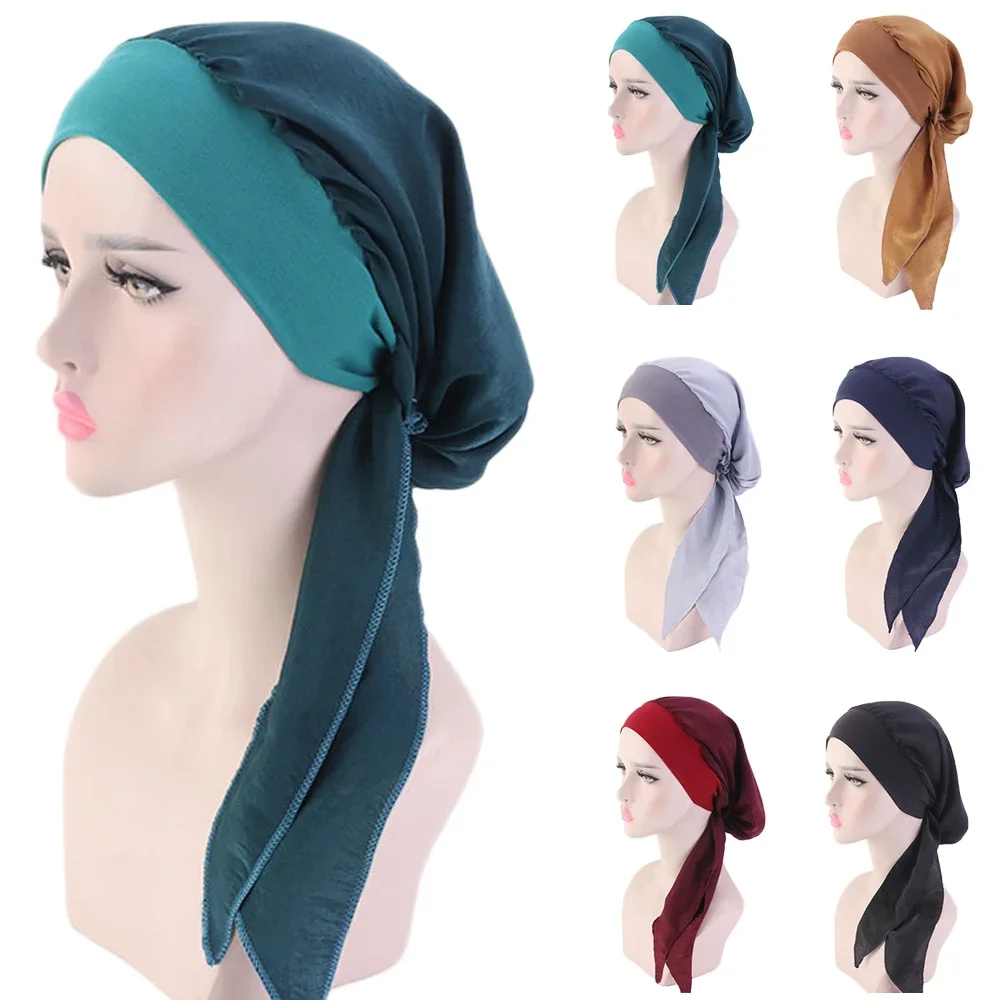 Moslim Vrouwen Haaruitval Kanker Chemo Cap Tulband Beanie Islamitische Hoofd Wrap Lange Staart Ruche Pre-Gebonden Bandana Tichel hoofddeksels