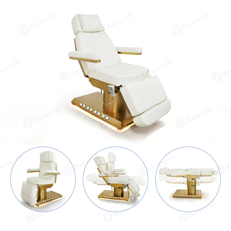 Facial Bed Beauty Salon Furniture Golden Base Spa Lash Tattoo Bed Massage Table Built-in Foot Control Electric Massage Bed